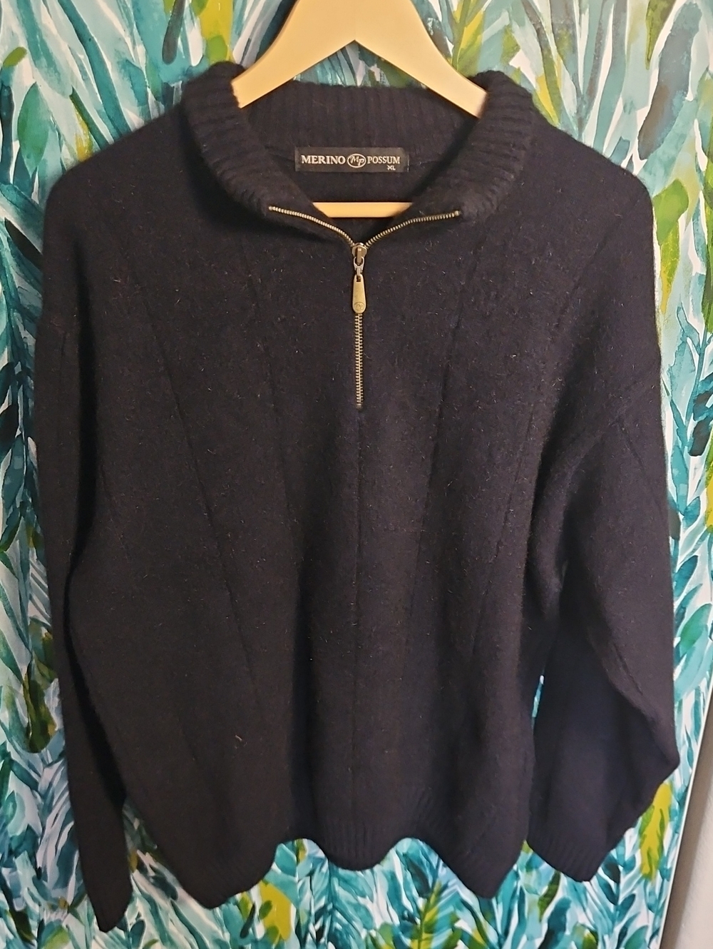 Merino Wool (60%) Possum (40%) Men's Zip-Neck Sweater in Navy From NZ - Size XL